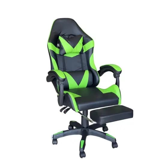 Cadeira Gamer Ergonômica Classic Com Apoio de Pés Verde em Couro Reclinável Com Rodinhas