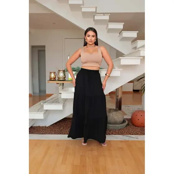 SAIA TRÊS 3 MARIAS CINTURA ELÁSTICO COM LACINHO MODA EVANGÉLICA FEMININO