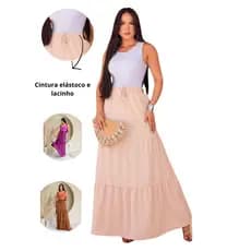 Saia Três Marias Longa Cintura Alta Com Elástico Laço Casual