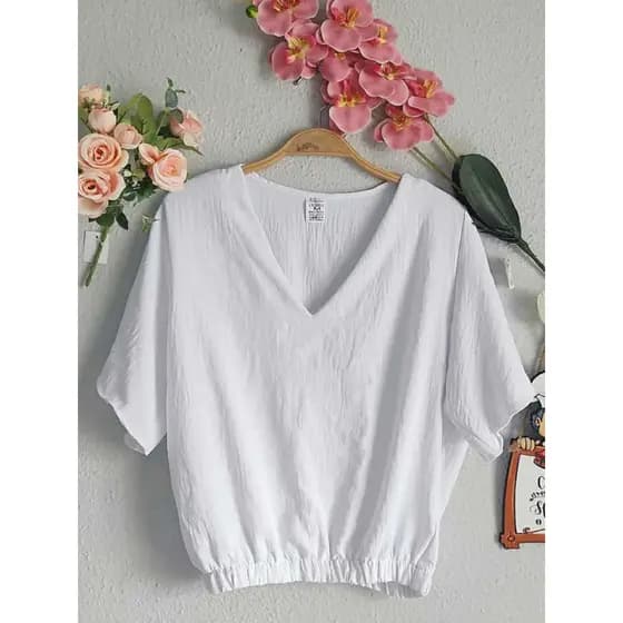 Blusa Feminina Gola V Tecido Duna Elástico Na Cintura Elegante