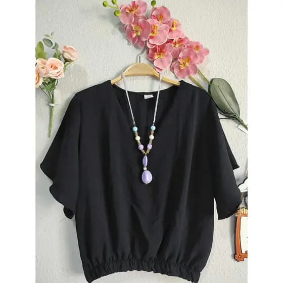 Blusa Feminina Gola V Básica Tecido Duna Elástico Na Cintura Tendência