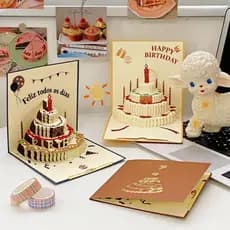Cartão Decorativo 3D de Aniversário com Bolo Presente Diferente e Criativo