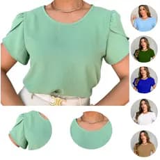 Blusa Feminina Manga Princesa Estilosa Tecido Duna Curta Tulipa Social Bufante Elegante Tendencia Moda Envagelica