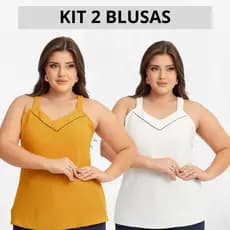 Kit Com 2 Blusa Regata Feminina Social Plus Size Tecido Duna Crepe Alça Larga Verão 2025