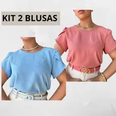Kit 2 Blusas Feminina Tecido Duna Manga Princesa Curta Estilosa Evangelica Blusinha Elegante Verão Tendencia Tulipa