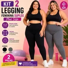 Kit 2 Calça Legging Feminina Grossa Plus Size Suplex Cós Alto Básica Academia Corrida Dia a Dia Não Embola Legue