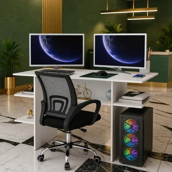 Kit Escritório Completo Mesa Gamer Com Suporte CPU + Cadeira Executiva Preta