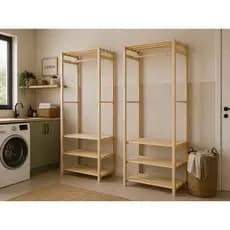Kit 2 Arara De Roupas Madeira Pinus Com Prateleiras