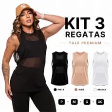 Kit 3 Regata Transparente de Tule Academia Feminina Regatão Blusa Moda Fitness