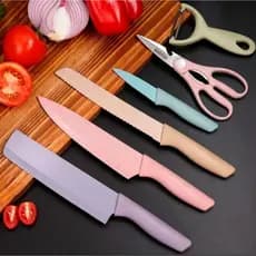 Kit de Facas Afiadas 6 Peças Coloridas com Tesoura e Descascador para Cozinha
