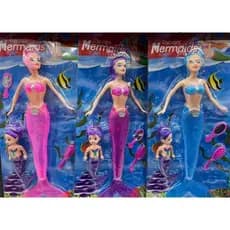 Boneca de sereia + sereia pequena com espelho e pente  pisca cauda presente