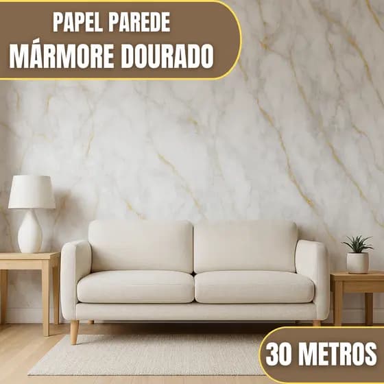 Papel Adesivo 5/10/15/20/30m Parede Marmore Dourado c/ Branco Antimofo Resistente Sala Quarto Cozinh