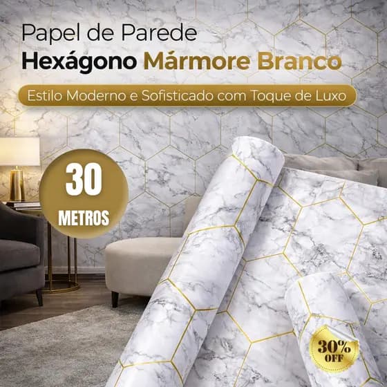 Papel Adesivo Parede 5, 10, 15, 20 ou 30 Marmore Hexágono Branco Impermeável Lavável Quarto Sala