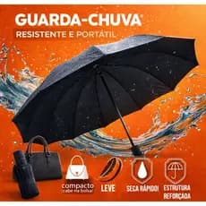 Guarda Chuva Sombrinha Preto Reforçado Resistente 8 Varetas Compacto Bolsa Capa Resiste Vento Forte