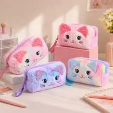 Bolsa Estojo Maquiagem Cosmética Com Design De Gato Fofo Com Pompom