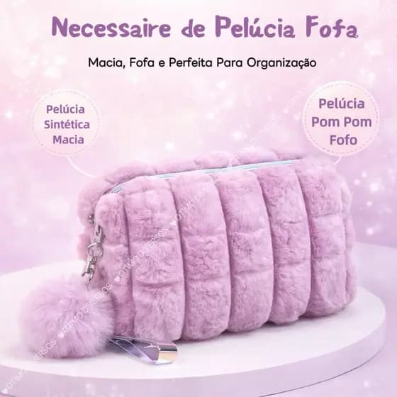 Necesser Pelucia Necessaire Com Pompom Com Alça Feminina Estojo de Bolsa
