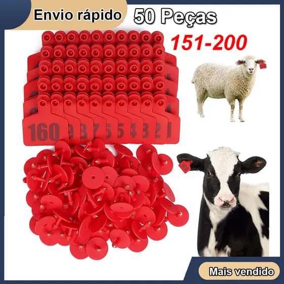 50 Brincos Médio 7.5cmx6cm de Identificação para Gado Bovino Vaca Boi Porco, Kit 151 à 200 Vermelho