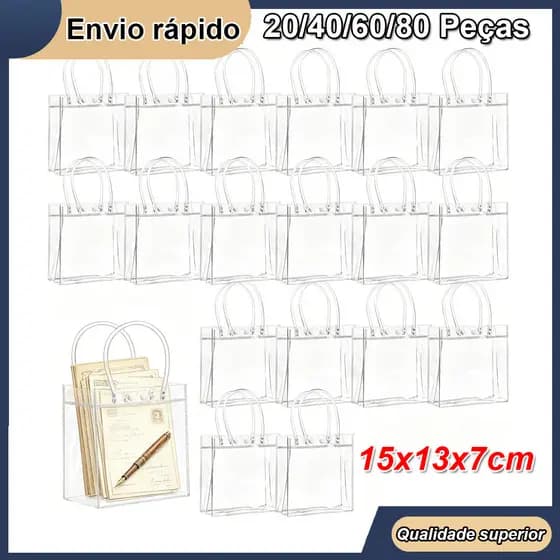 20-80unidades de sacola portátil transparente com alça de plástico PVC Bolsa de mão para presente 15x13x7cm