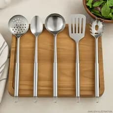 Kit 5 Utensílios Para Cozinha Em Inox Concha Espátula Escumadeira Pegador De Massa Colher De Servir Grande