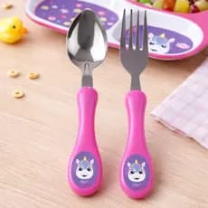 Kit De Talher Infantil Bebe com Colher E Garfo Animais Em Inox Não Machuca