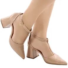 Scarpin Feminino Boneca Mary Jane Bico Fino Salto Geometrico Bloco 7cm Tira Abotoar Conforto Leve
