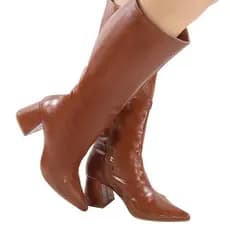 Bota Feminina Cano Alto Bico Fino com Salto Grosso Médio Social Confortável Sintético Lançamento