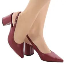 Scarpin Feminino Bico Fino SlingBack Abotoar Tira Atrás Salto Alto Bloco 7cm Social Macio Liso