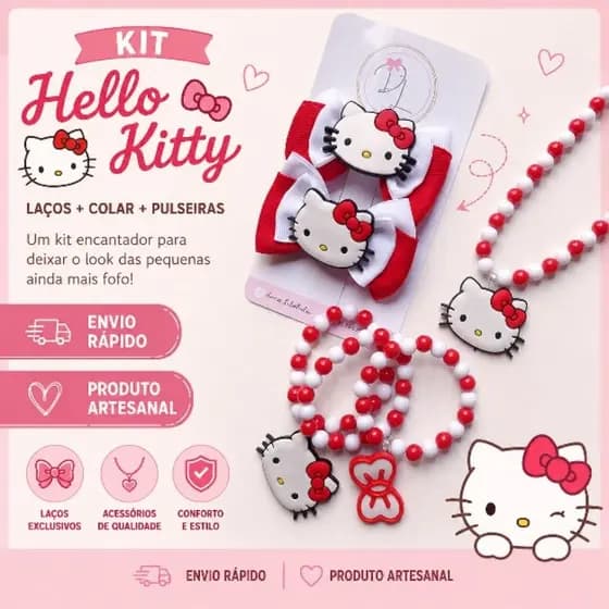 Laços Hello Kitty vermelha, colar, pulseiras, kit completo acessórios infantis
