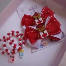 Laços Escolares, presilha escolar vermelha e branca, kit laços e pulseiras