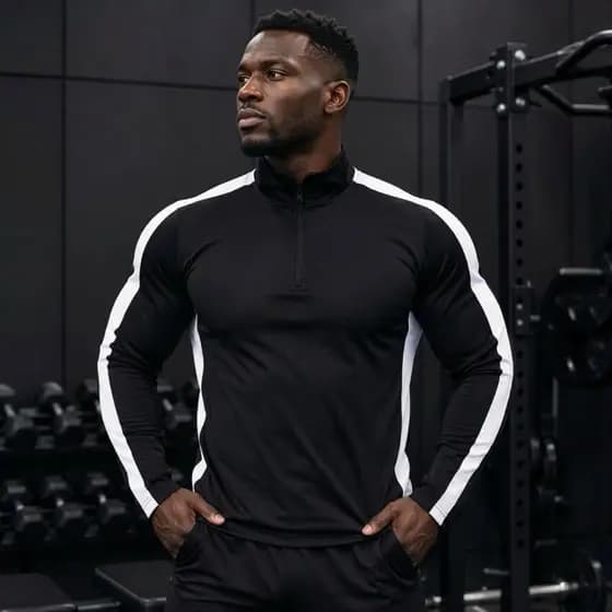 Jaqueta Masculina Esportiva Elastano Flanelado Dri-Fit Preto com Listras Brancas - Slim Fit Academia e Treino