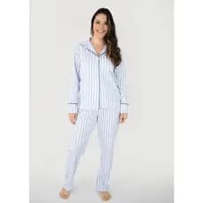 Pijama Americano Longo Feminino Algodão Amamentação e Pós- Cirúrgico- Listrado Azul