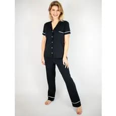 Pijama Feminino Americano Botões Frente Manga curta com Calça Algodão Amamentação– Preto