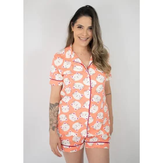 Pijama Feminino Americano Manga Curta Botões Frente Algodão Verão Amamentação  - Gatinhos Coral