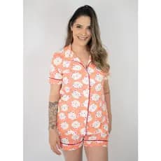 Pijama Feminino Americano Manga Curta Botões Frente Algodão Verão Amamentação  - Gatinhos Coral