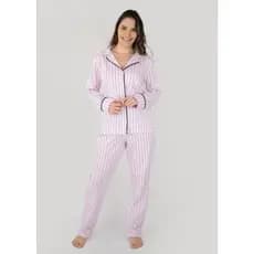 Pijama Feminino Americano Longo Algodão Amamentação Pós- Cirúrgico - Listrado Rosa