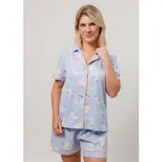 Pijama Feminino Americano Manga Curta Botões Frente Algodão Pós-Cirúrgico Verão - Lua Azul