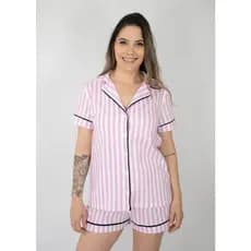 Pijama Feminino Americano Manga Curta Botões Frente Algodão Verão Amamentação - Listrado Rosa