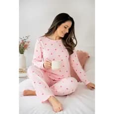 Pijama Feminino Básico Manga Longa Algodão Inverno - Listrado Corações