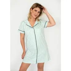 Camisola Americana com Botões na Frente Manga Curta Algodão Amamentação Verão - Listrado Verde