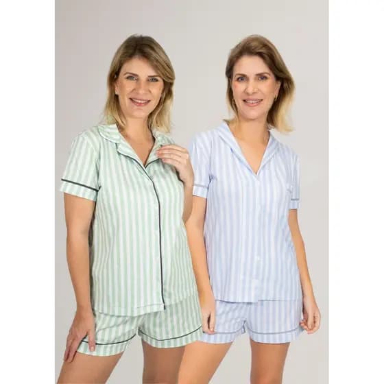 KIT 1 Pijama Americano Curto Listrado Verde + 1 Pijama Americano Curto Listrado Azul