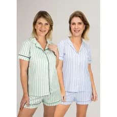 KIT 1 Pijama Americano Curto Listrado Verde + 1 Pijama Americano Curto Listrado Azul