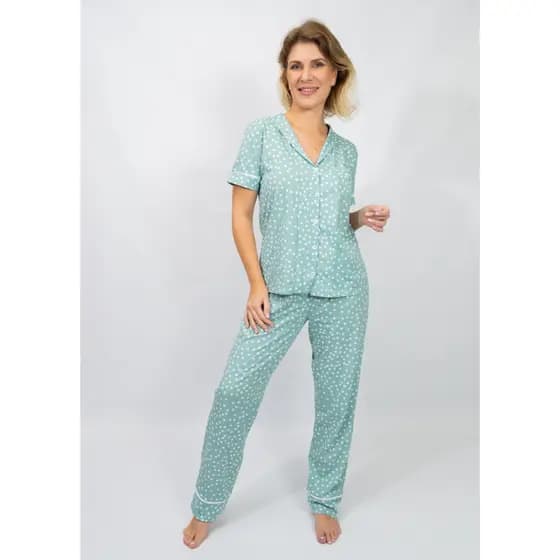 Pijama Feminino Americano Botões Frente Manga curta com Calça Algodão Amamentação–Verde Poá