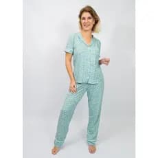 Pijama Feminino Americano Botões Frente Manga curta com Calça Algodão Amamentação–Verde Poá