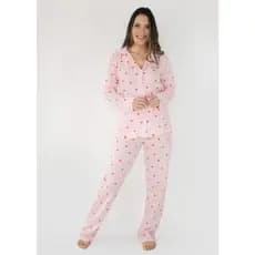 Pijama Feminino Americano Longo Algodão Amamentação Pós- Cirúrgico - Listrado Corações