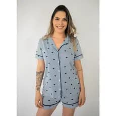 Pijama Feminino Americano Manga Curta Botões Frente Algodão Verão - Listrado Marinho Coração