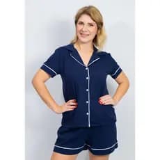 Pijama Feminino Americano Manga Curta Botões Frente Algodão Pós-Cirúrgico Amamentação-Azul Marinho