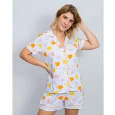 Pijama Feminino Americano Manga Curta Botões Frente Algodão Verão Amamentação-Corações Coloridos