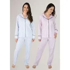 KIT 1 Pijama Americano Longo Listrado Azul + 1 Pijama Americano Longo Listrado Rosa