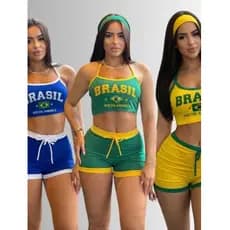 Conjunto Brasil short e croped Coladinho Justo Malha Suplex Short Forrado Estiloso Copa Croped Alcinha