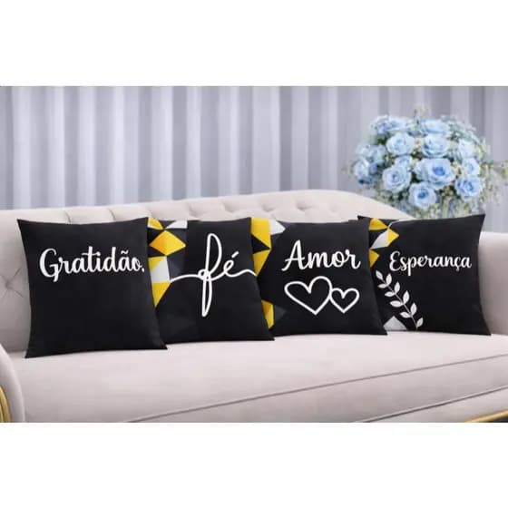 KIT 4 Capas Para Almofadas Decorativas de Luxo, Estilo Moderno Gratidão Fé Amor Sublimadas 45x45